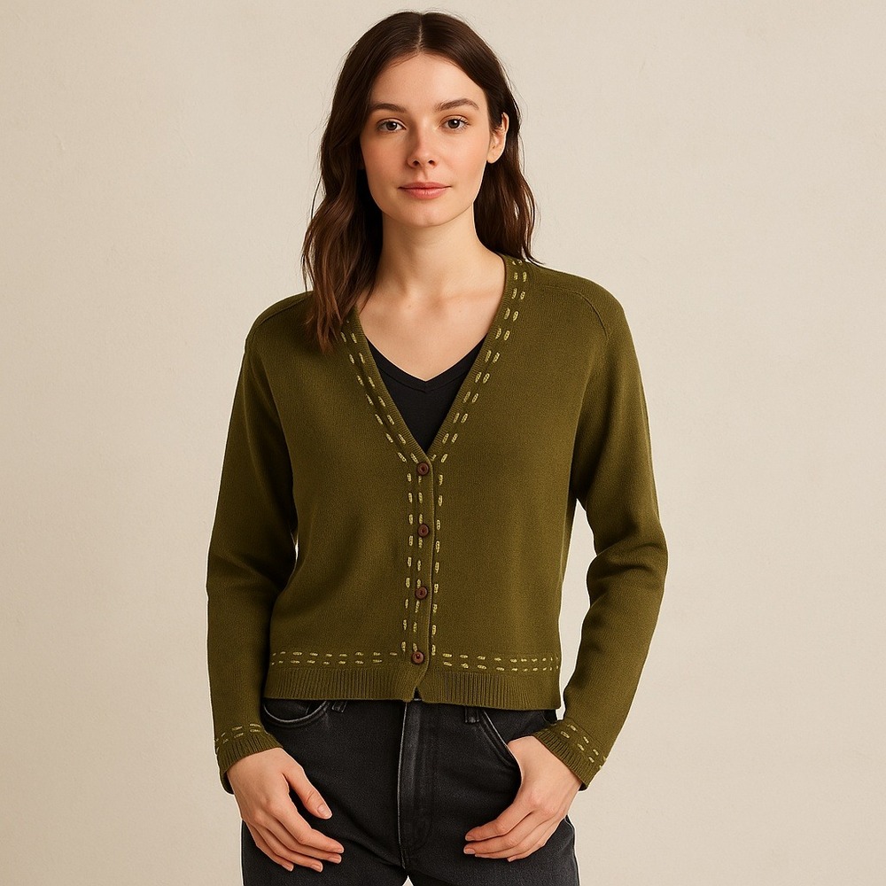 Y2K Vintage Pamela McCoy Wool Blend‎ Cardigan Olive Cottagecore Fall Layering L